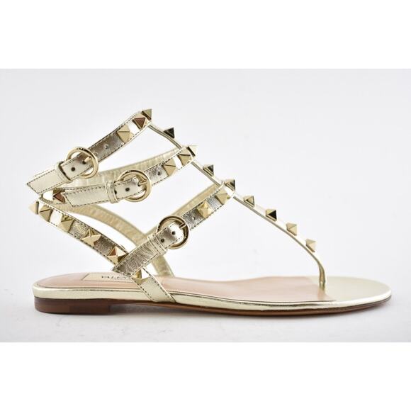 Valentino Rockstud P18 Gold Leather Triple Ankle Strap Gladiator Flat Sandal 35 - Picture 2 of 12